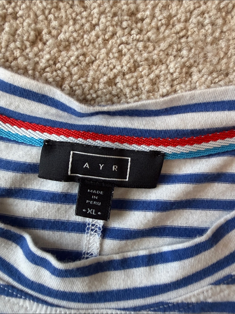 AYR French Fry Blue Striped Crewneck 3/4 Sleeve T Shirt - Picture 5 of 10